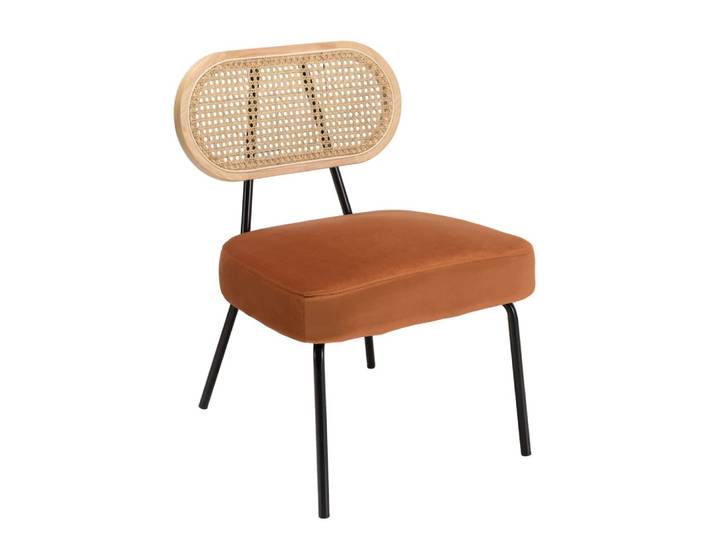 Fauteuil métal noir assise velours orange ambré dossier rotin