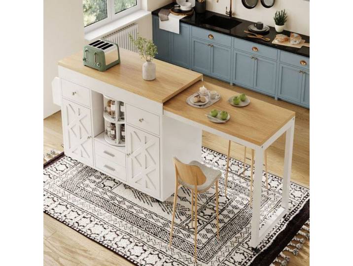 Table de Bar Extensible Blanche 110-180cm Desserte Cuisine avec Roulettes Organiseur Rotatif 360° 4 Tiroirs M DESSERTE DE CUISINE