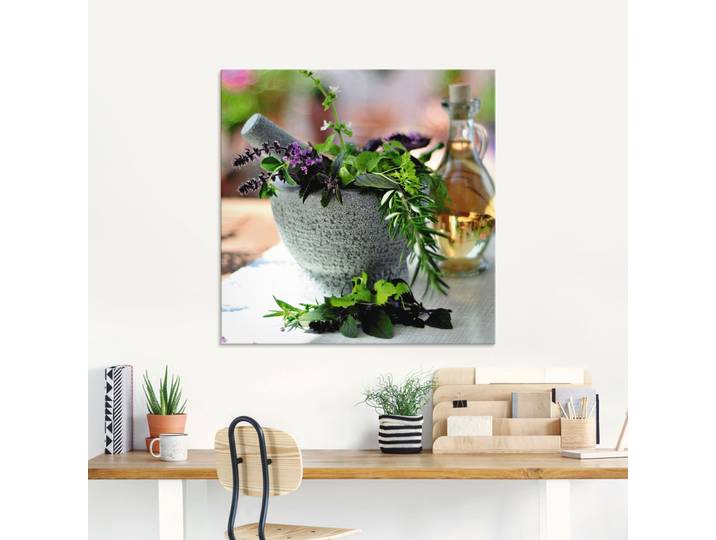 Glasbild ARTLAND Gesunder Kräutermix im Mörser , braun (farbe bild(er): braun), B:40cm H:40cm, Bilder, Glasbild, in verschiedenen Grössen