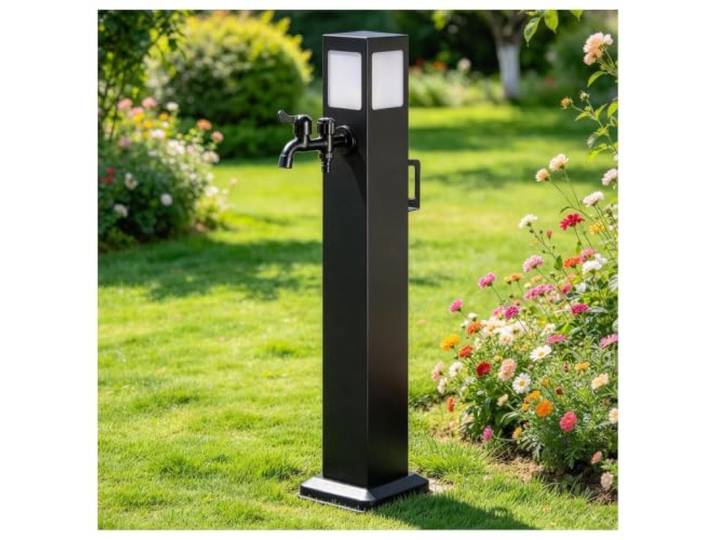 Solarbetriebene freistehende Gartensäule Wasserzapfsäule aus Edelstahl Frostsicheres Solarpanel-Design mit verstärkter Basis und integrierten Haken geeignet for Höfe und Terrassen(H80cm(31.5in))