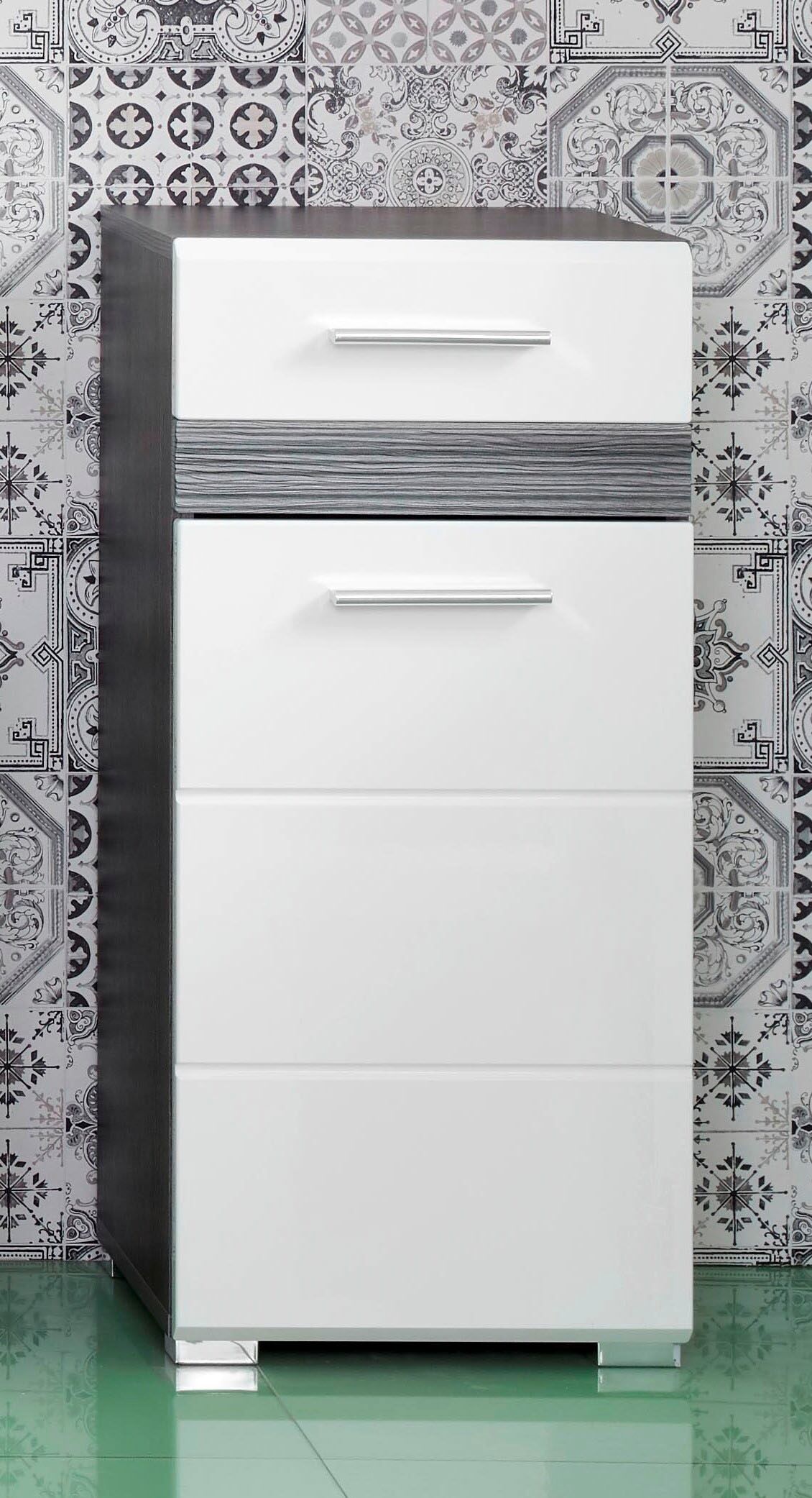 Unterschrank WELLTIME "Toulon", schwarz-weiss (eichefarben rauchsilber, weiß hochglanz), B:37cm H:80cm T:31cm, FSC-zertifizierter Holzwerkstoff, MDF, Schränke, Unterschrank, Kommode mit 1 Tür & 1 Schublade - (B/T/H) 37/31/80 cm eichefarben rauchsilber, we