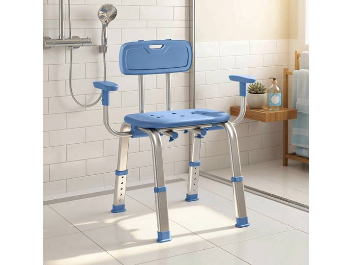 HOMCOM Tabouret Douche Ergonomique Dossier Accoudoirs Réglable Bleu