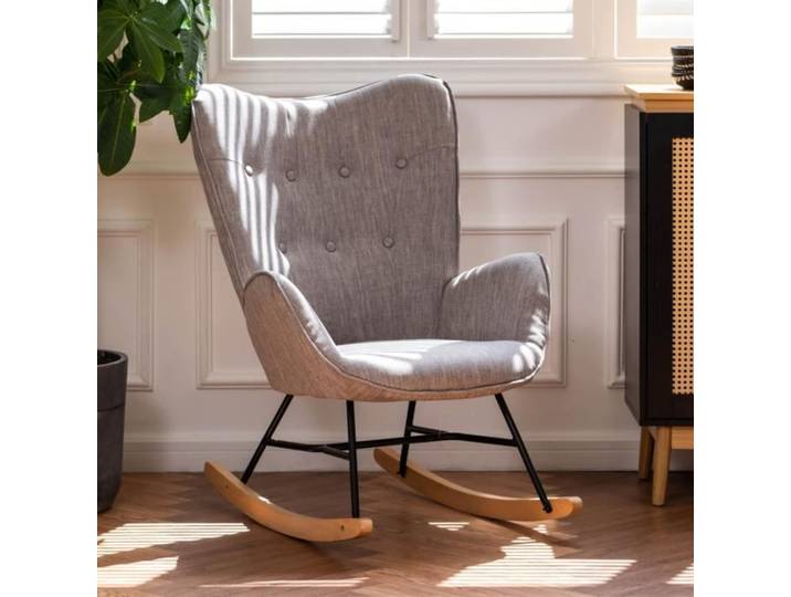 Fauteuil à bascule allaitement scandinave avec accoudoirs en tissu gris capitonné - EPPING