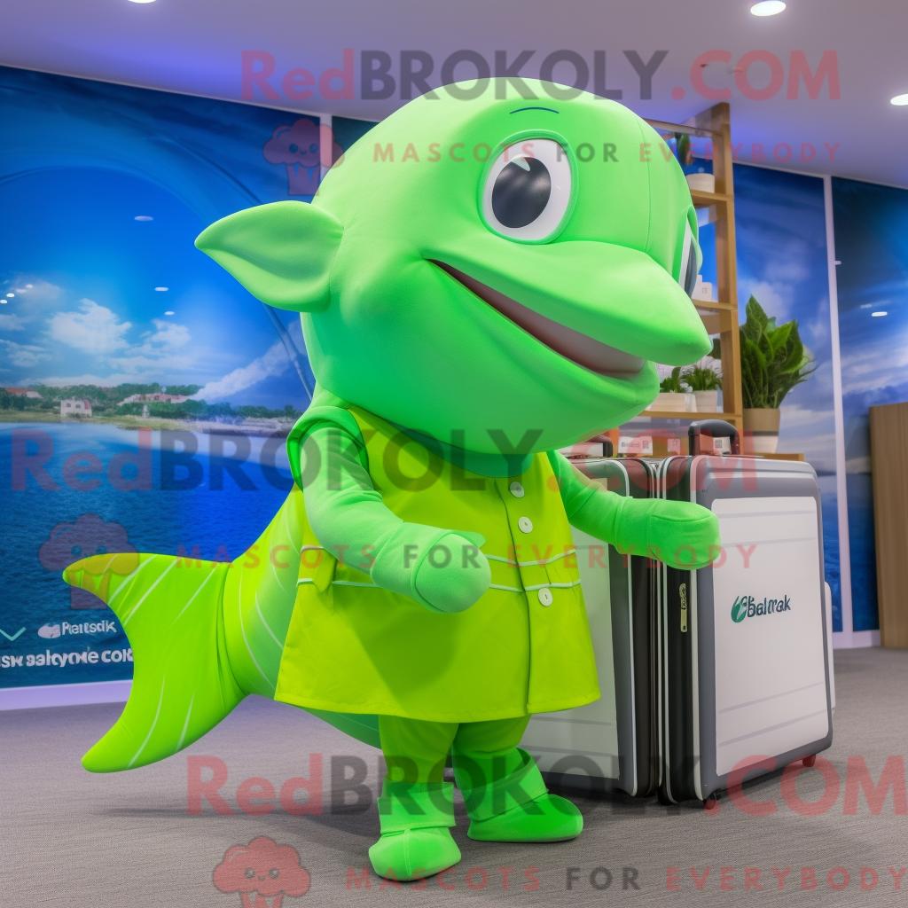 Limettengrüner REDBROKOLY Delfin-Maskottchen-Kostümcharakter mit Rock und Aktentasche