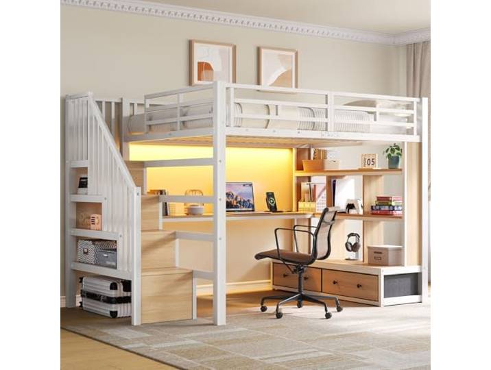 DRLXUN Metallbett Hochbett 140x200 mit Schreibtisch & Regal & Treppe, Weiß Multifunktionales Kinderbett Jugendbett 140x200 mit Schreibtisch, Schubladen, Regal, Treppe und Stauraum, Ohne Matratze