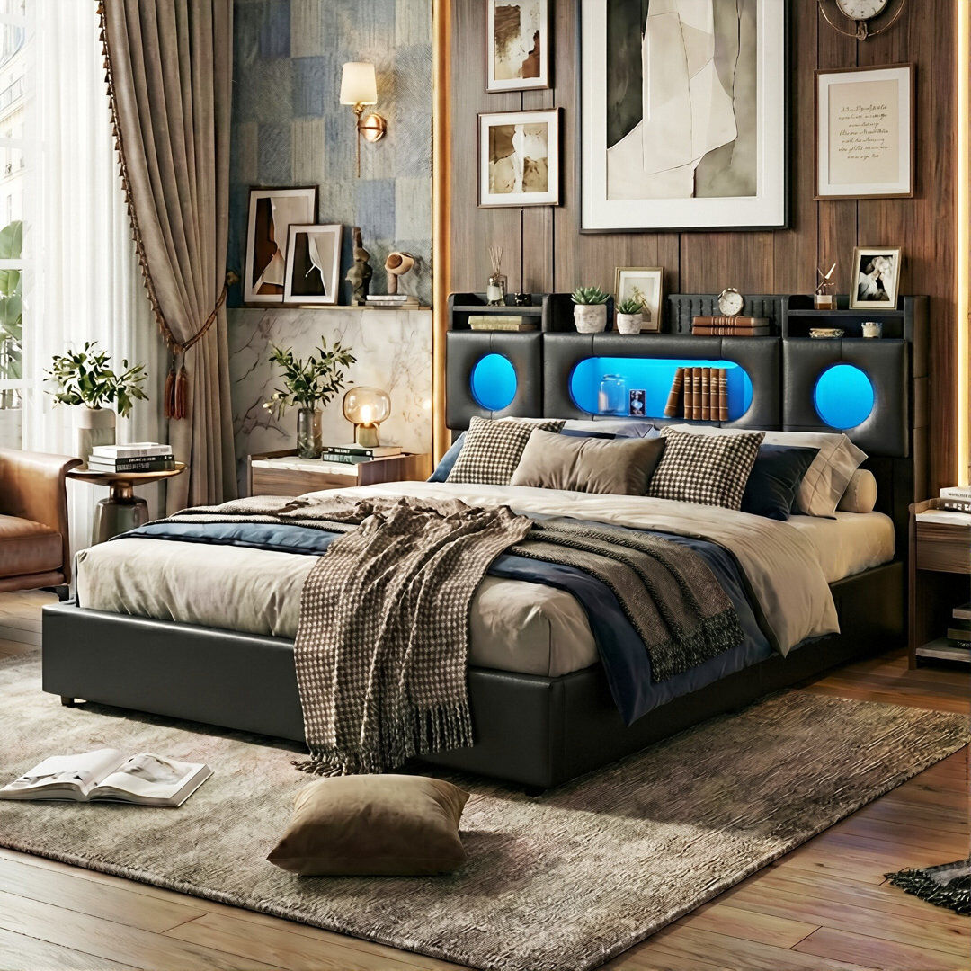 Metro PU Leather Ottoman Bed, RGB LED Storage Headboard & USB-C Charging, European Double (140X200cm) & King (160X200cm) Black European Double (140 x 200 cm)