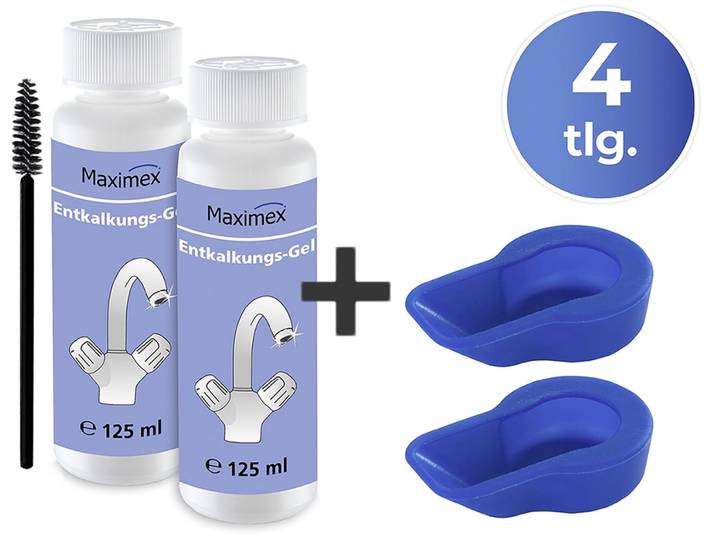 Reinigungs-Set MAXIMEX Anti-Kalk-Caps und Entkalkungsgel , blau, B:4cm H:14cm L:4cm, Reinigungs-Sets, Reinigungs-Set, für Wasserhähne, Armaturen, Kacheln, Duschköpfe, je 125 ml, Zitrusduft