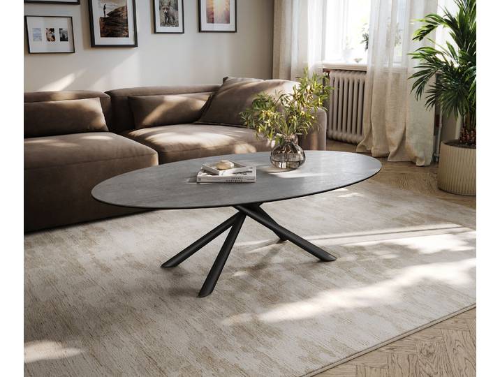 Couchtisch Edge Oval 135x80 cm Keramik Beton Grau Sarity Metall Schwarz, Couchtische