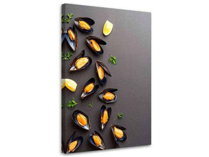 Feeby Leinwandbild Meeresfrüchte Muscheln und Kräuter 60x90cm, Grau, Essen/Getränk, Rechteckig, 60x90 cm, Bilder & Rahmen, Bilder, Leinwandbilder