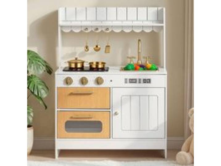 VEVOR Spielküche für Kinder, Realistische Kinderküche aus Holz mit Licht & Sound, Holzküche mit Herd Backofen Spüle Mikrowelle Schrank, Küchenspielzeug mit Kochset für Kinder von 3-8 Jahren, Beige