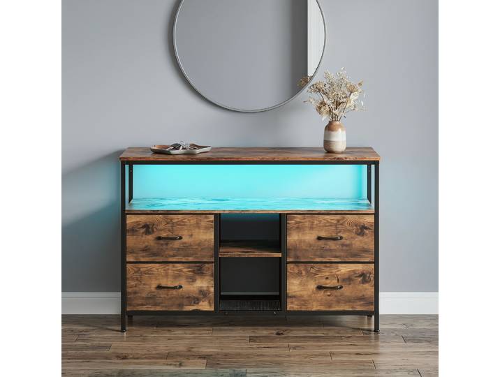 Comanlai Meuble TV 108×30×78 cm, meuble TV LED, avec 4 tiroirs, éclairage LED et compartiments de rangement pour salon et chambre