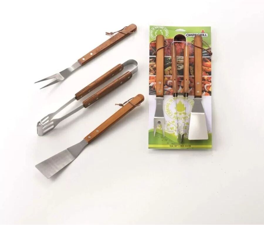 Ompagrill SET 3 PZ IN ACCIAIO INOX CON MANICO LEGNO