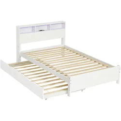 OKWISH Doppelbett aus Kiefer und MDF, Weiß, 214x128,5x91,5 cm, mit Ausziehbett, Ladebuchse und Stauraum