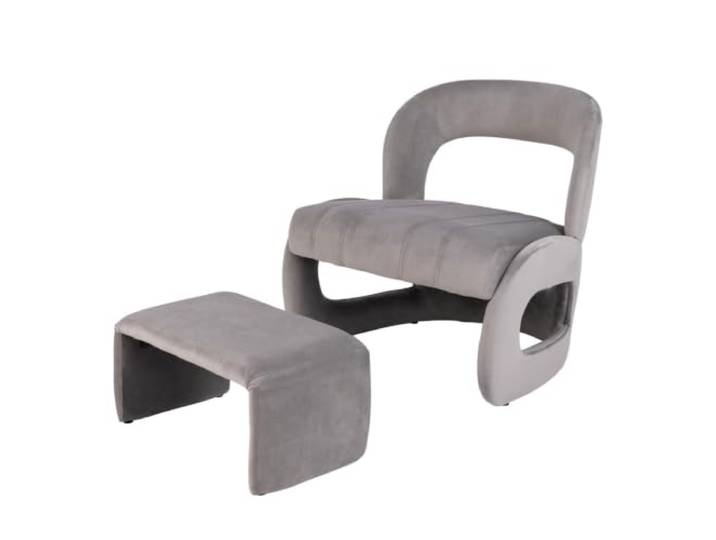 Helloshop26 Sessel mit Hocker, 77 x 74,5 x 79 cm, ultimativer Komfort, gebogene Rückenlehne, moderner Stil, Velours, Grau, 20_0017605