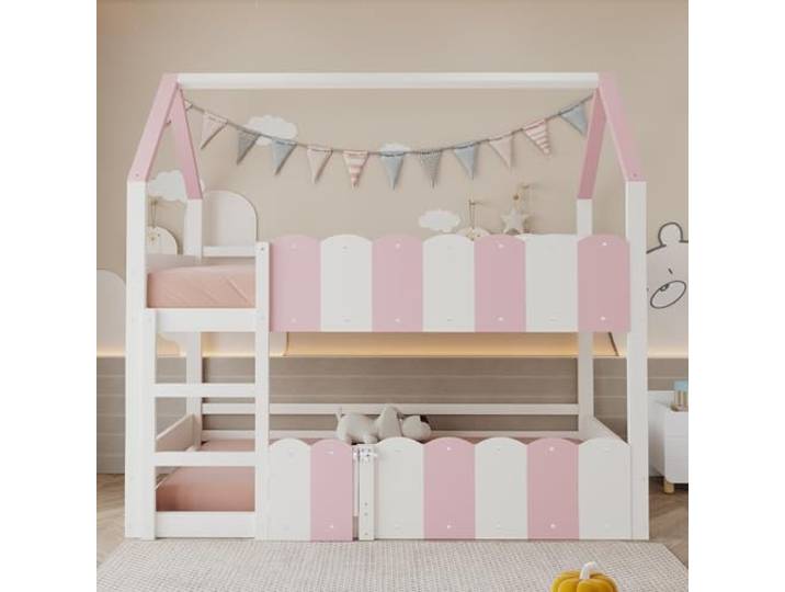 Bellemave Kinder-Etagenbett 90x200, hausförmiges Design, Holz Weiß Rosa mit Leiter, erhöhten Sicherheitsgeländern, Lattenrost inklusive, 2 Pakete Lieferung