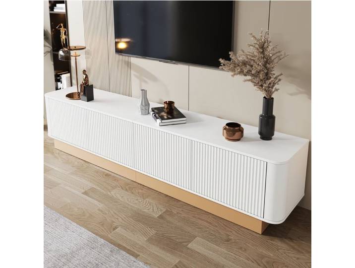 Meuble TV 200 cm AESVAR blanc en MDF 4 portes rainurées rangements réglables coins arrondis