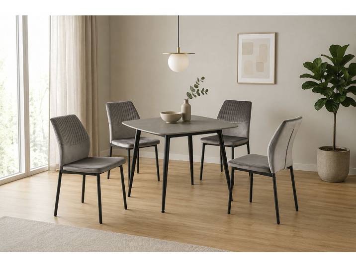 Essgruppe GOODPRODUCT Nora, Set, 5-tlg , grau (grau, grau, grau, schwarz), B:90cm H:74cm T:90cm, Metall, Stein, Stoff, Sitzmöbel-Sets, Essgruppe, mit 4 bequemen Stühlen, Esstisch aus gesintertem Stein in Keramikoptik