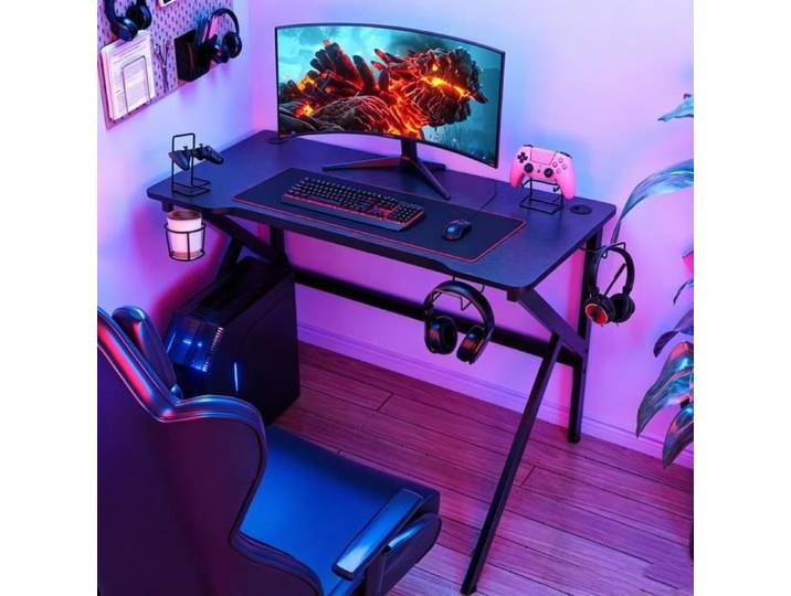 Chleby Bureau Gaming Surface en Fibre de Carbone Avec Support d'Écran Avec Porte Gobelet et Crochet pour Casque Porte-poigné Noir
