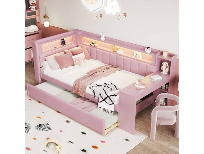 Lit rembourré 90x200 avec lit gigogne bureau intégré et LED - TCQPZ - USB rose MDF 237×103 5×93 5 cm