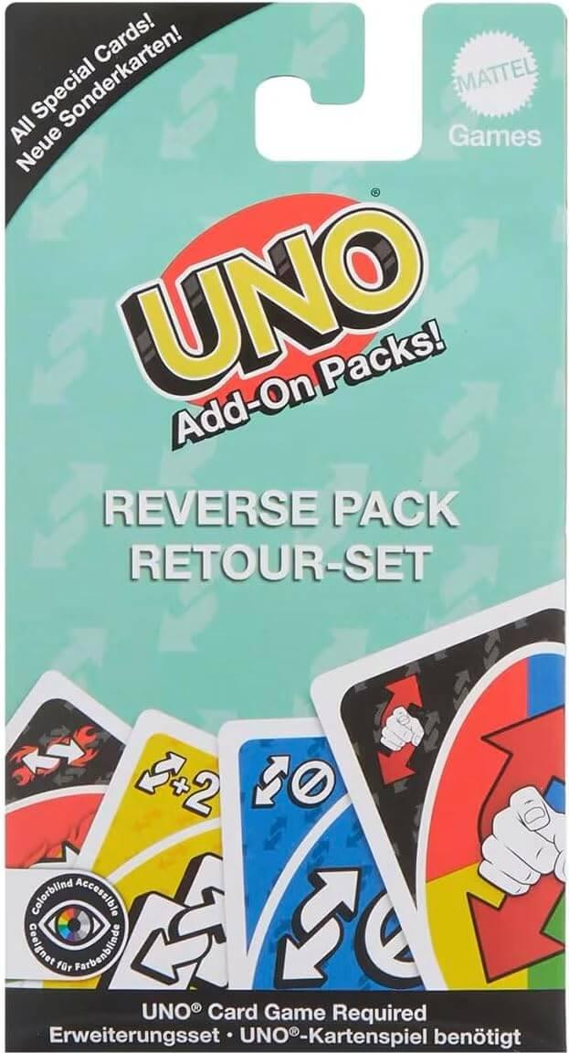 Mattel Games UNO Add-On Reverse Pack Kaartspel voor kinderen en volwassenen, 2 tot 10 spelers, vanaf 7 jaar, JCV56