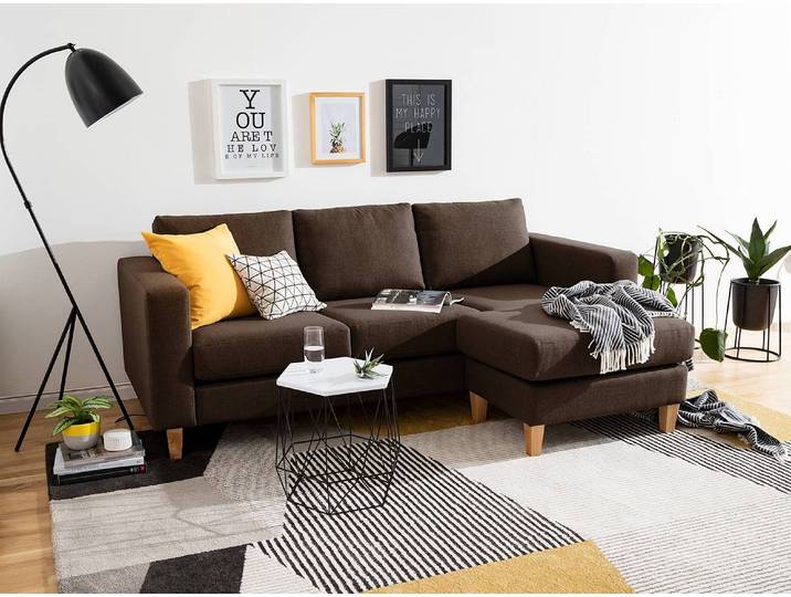 Ecksofa 2-Sitzer mit Longchair Braun/Braun Webstoff Inas 214 x 86 x 140cm Longchair davorstehend rechts Natur
