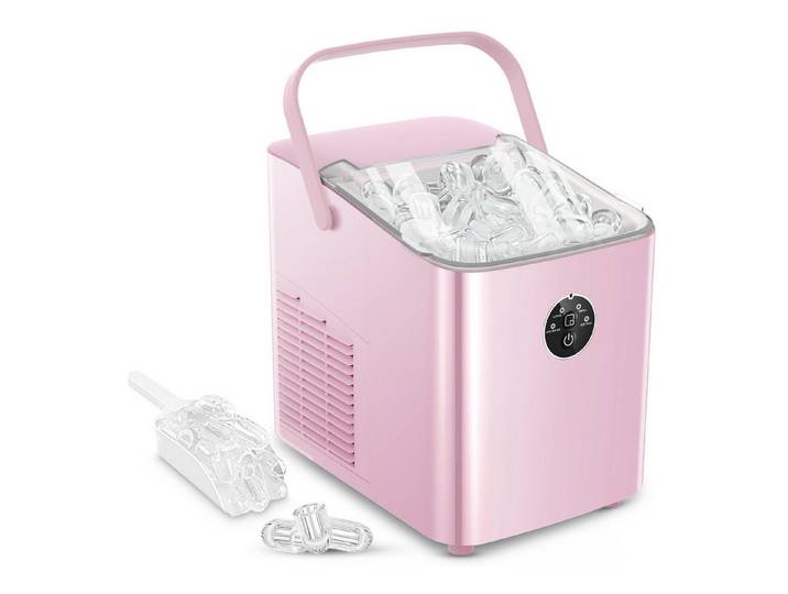 FOHERE Eiswürfelmaschine Klein, 14kg/24h, 6 Min. Eis, 2 Bullet Ice Größen, selbstreinigend, Party/Büro, rosa