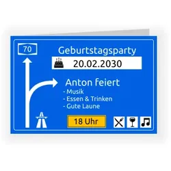 Einladungskarte 70. Geburtstag: Autobahn mit Foto in Blau