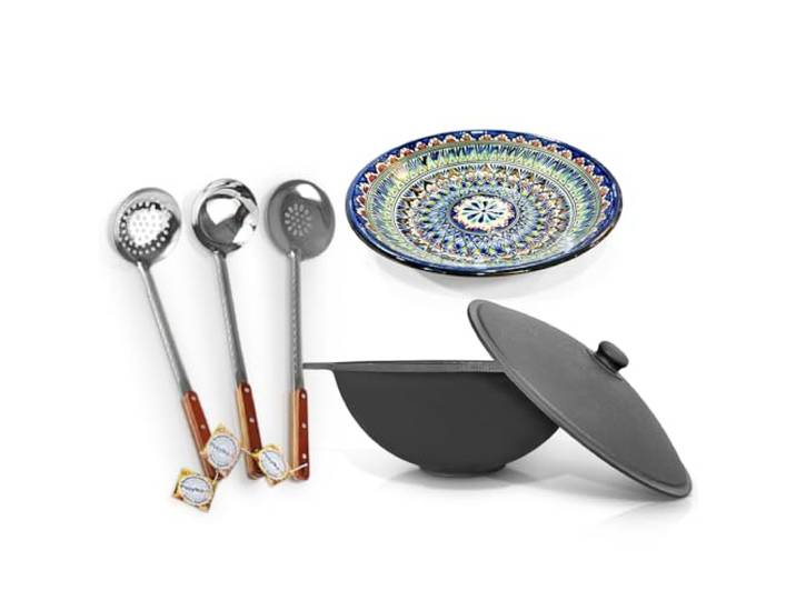 ZARENHOFF Set - Kasan Usbekisch Gusseisen 12L flacher Boden, Deckel, Holzlöffel, Schaumlöffel, Schöpfkelle, Lagan Ø 34 cm (Set - 609)