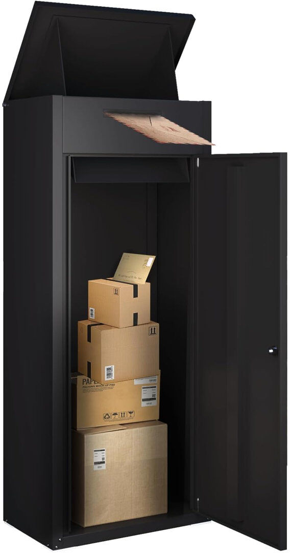 YODOLLA 2-in-1 Outdoor Lockable Parcel Box, Weather Resistant Steel Parcel Delivery Box Matte Black 119.9 cm H x 49 cm W x 31.5 cm D