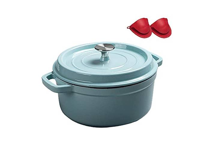 Gusseisen Topf Ø 20/22/24 cm Bräter Emailliert, Schmortopf mit Deckel Induktion, Gusseisen Bräter Topf Brot Backen, Cocotte Emaille, Bratentopf Kochtopf Blue 24cm