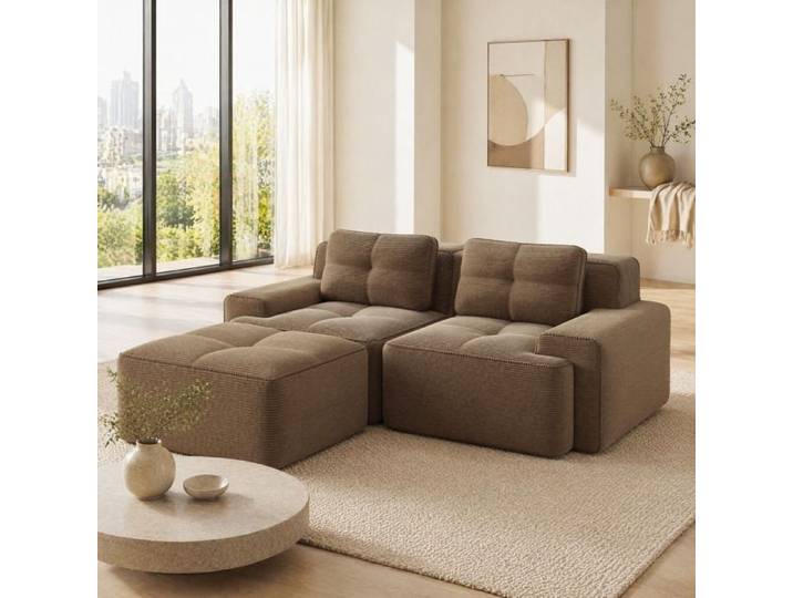 VUENOR Canape modulaire d angle 2 places 204x177x69 cm velours cotele marron avec ottoman