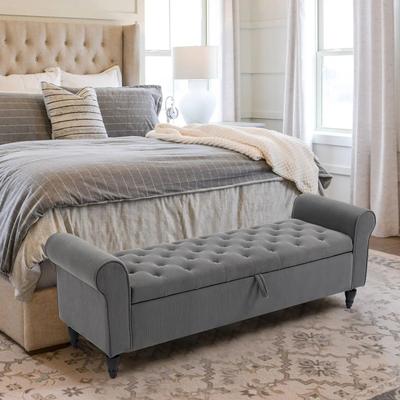 Inspire Select 63in Tufted Storage Ottoman Bench Upholstered End of Bed Bench With Hidden Storage & Rolled Arms gray