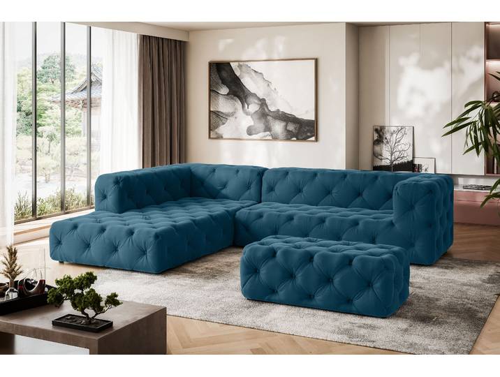 Ecksofa HOME AFFAIRE FOLLINA , blau (dunkelblau), B:325cm H:71cm T:228cm, 100% Polyester, Sofas, Ecksofa, L-Form, mit klassischer Chesterfield-Knopfheftung