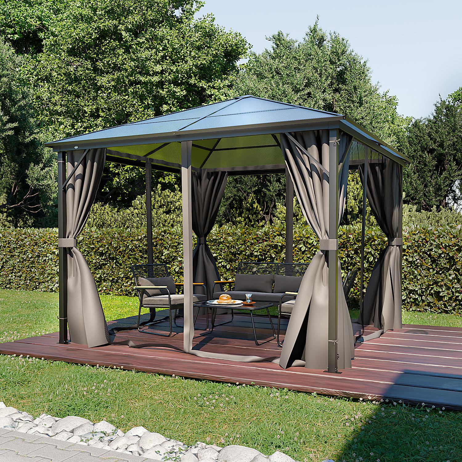 GARMIO Pavillon 3x3m Garten Überdachung mit Polycarbonat - Dach & Moskitonetz, Seitenteile wasserdicht in anthrazit, mit Metallgestell & Aluminiumrahmen, für Outdoor