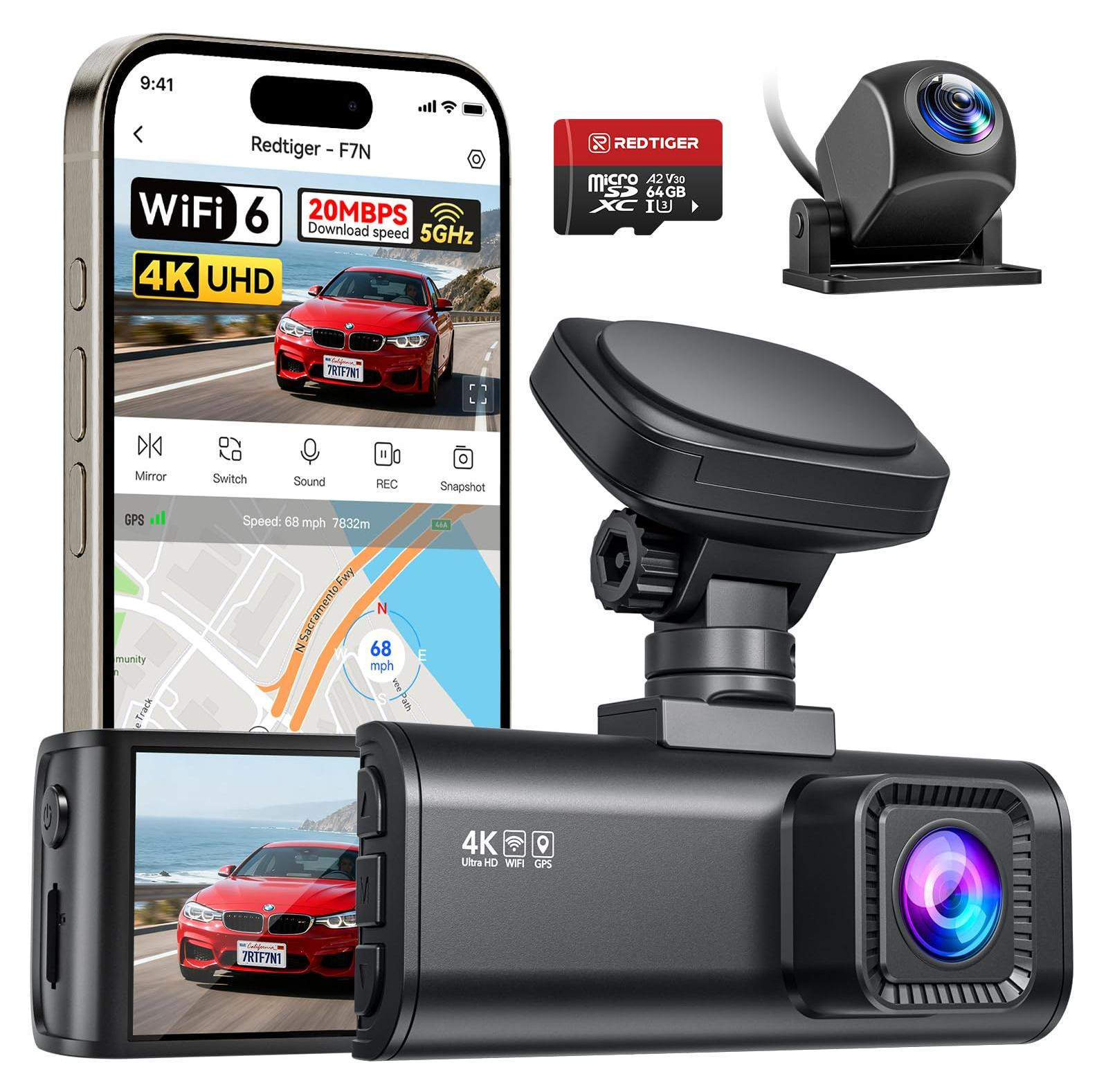 Selius F7N Dashcam 4K voor en achter met 1080P, 5,8 GHz WiFi, 64 GB kaart en GPS