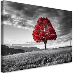 LEINWANDBILD Roter Baum in der Wiesenlandschaft 90x60cm