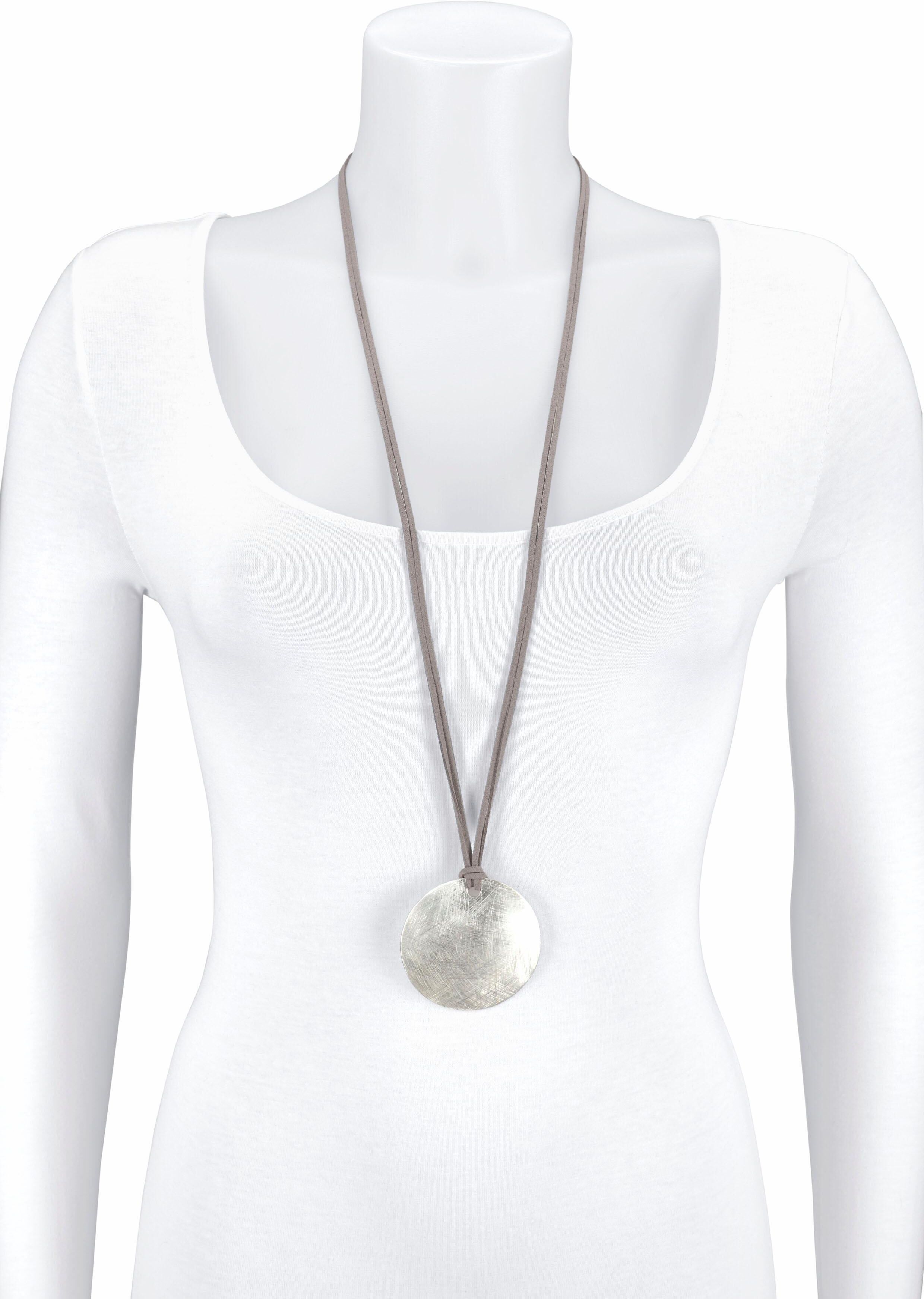 Lange Kette FIRETTI "mit runden mattiertem Anhänger", grau (metallfarben, grau), Halsketten, Damen, Metall Synthetik, L: 103, Metall, Synthetik, Lange Kette metallfarben, grau Metall Synthetik, L: 103