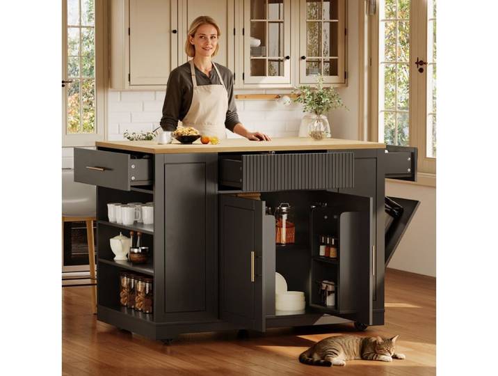 Cuisine île mobile 120x50x92 cm avec 2 portes 3 tiroirs et espace poubelle sans poubelle intégrée
