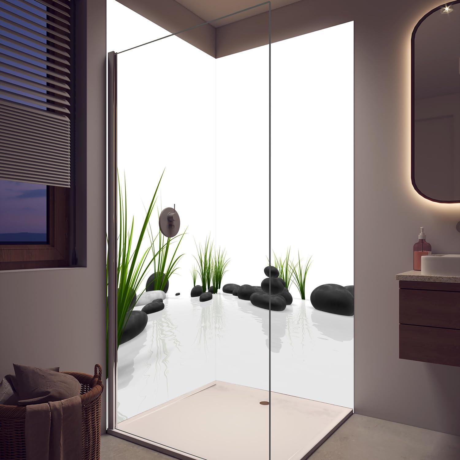 Duschrückwand - Wandverkleidung für Dusche aus ALU Glanz 0,3 cm - 90 x 250 cm - Ruhiges Steine Gefilde mit Gras und Wasser
