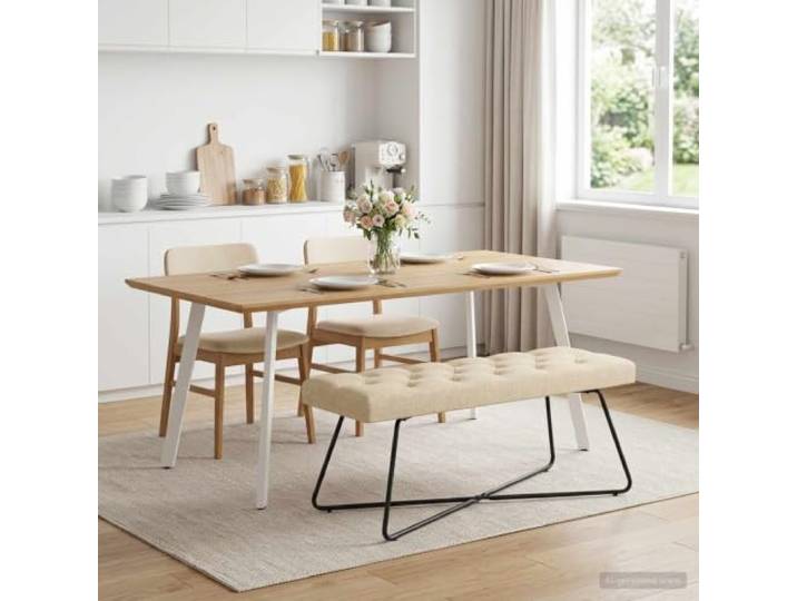 NLQMSU Sitzbank mit Knöpfen, cremefarben, 110 x 40 x 46 cm, Stoff Details mit gepolsterten Knöpfen, Rahmen aus Holz, Schaumstoffkissen, gekreuzte lackierte Metallbeine, glatter Stoff