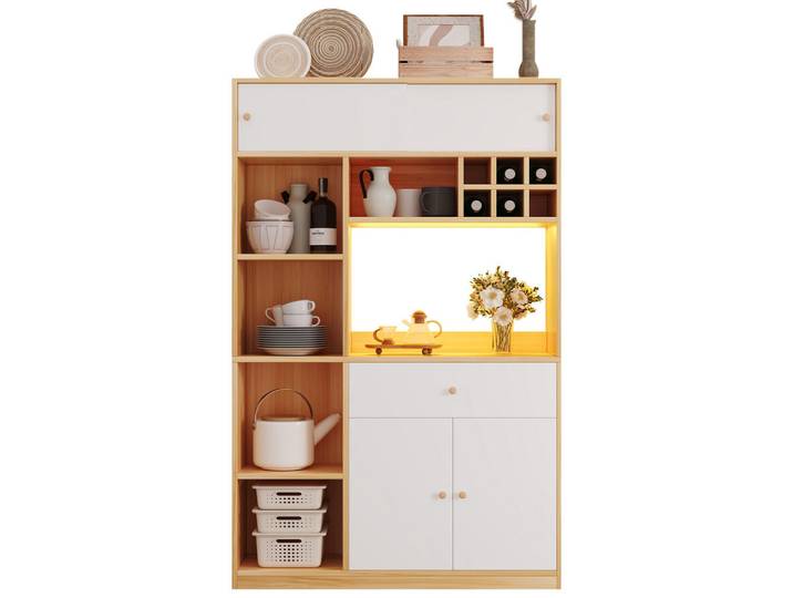 Flieks Buffet LED Buffet 3 Türen Schublade Regale 180cm Weiß, Mehrfarbig, 115x180x35 cm, Esszimmer, Anrichten, Buffetschränke