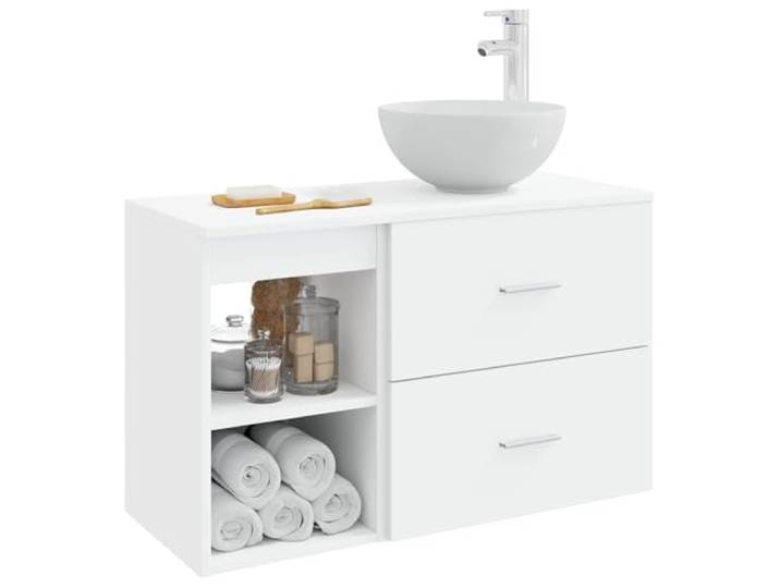KTHLBRH Badezimmermöbel-Set 2-teilig weiß Holz technisch Wandmontage, mit Waschbecken und Wasserhahn, 1 Einlegeboden, 1 Schublade, großer Stauraum