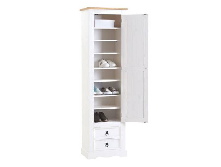 Armoire TEQUILA meuble de rangement avec 7 tablettes derrière 1 porte battante et 2 tiroirs en pin massif lasuré blanc et brun