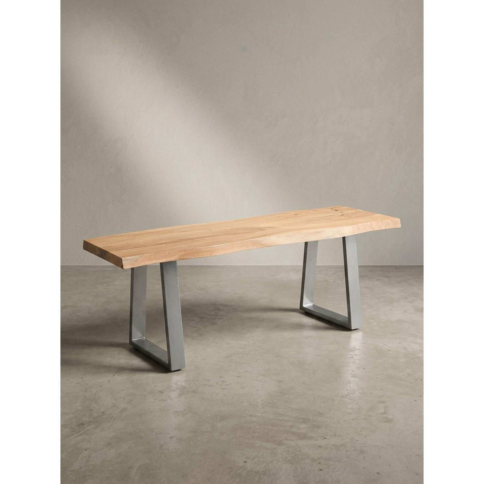 Garderobenbank Massivholz Metall Baumkante, Akazie-Silber 120x40x46 cm
