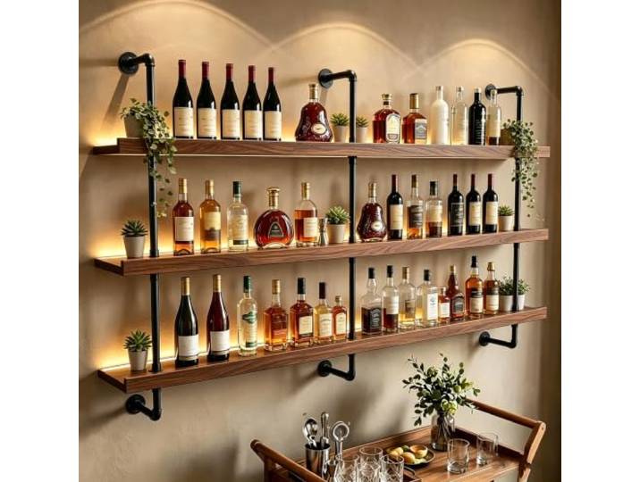 140CM Weinregal zur Wandmontage mit Industrierohren 3 Ebenen，Walnussfarbe Hängendes Flaschenregal aus Holz, schwebendes Barregale, geeignet für Bars, Restaurants und Restaurant, Cafés,Hotels