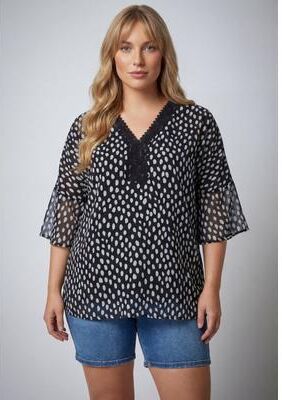 Plus Size Women's Crochet Trim Caftan Top by Avenue in Black Spots (Size 20)