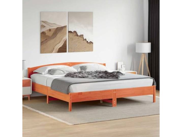 RJPLMFV Bettgestell, Kiefernholz, massiv, 200 x 200 cm Ohne Matratze, Lattenrost im Lieferumfang enthalten, integriertes Kopfteil, braunes Wachs-Finish, langlebig und robust