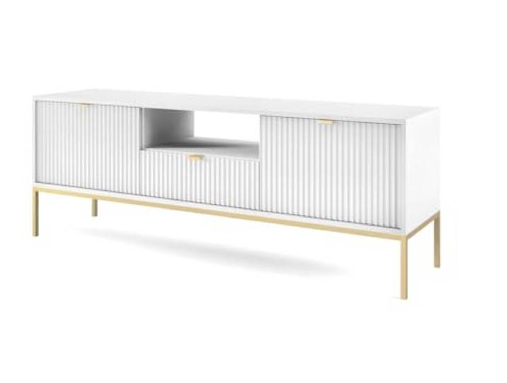 Emporius TV-Schrank 150 cm Galla - Zweitürige TV-Tisch, TV-Lowboard mit Schubladen - Gold Griffen, geriffelten Fronten - Weiß + Gold