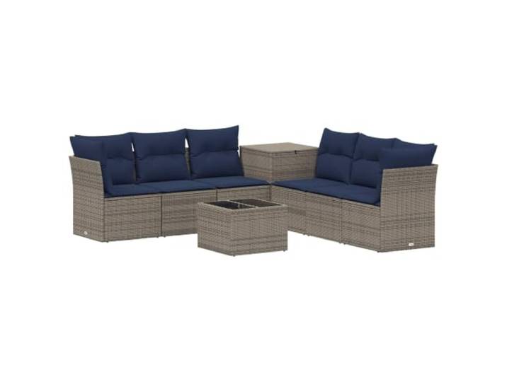 KTHLBRH 8-teiliges Sofaset Grau Marineblau Rattan Kunststoff Stahl Modulares Design, wetterfest, Couchtisch, Kissenbox, Akazien-Akzente, pflegeleicht