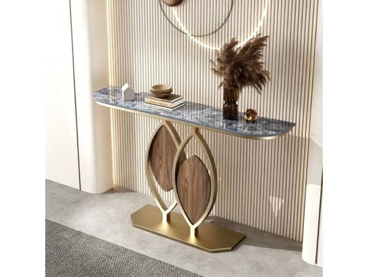 Moderner Konsolentisch mit Steinplatte, Flurtisch für Eingangsbereich Robuste Steinplatte, Metallrahmen, Schmaler Flurtisch, Sofatisch, Wohnzimmer(Gold+blue,59.in(150cm))